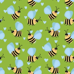 Seamless pattern with bees on color background. Small wasp. Vector illustration. Adorable cartoon character. Template design for invitation, cards, textile, fabric. Doodle style.