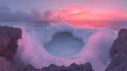 Fototapeta premium Powerful ocean wave crashing in a circular formation between rocky cliffs during a vibrant pink sunset.
