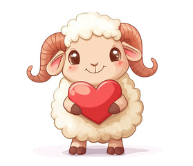 Fototapeta premium Sweet ram sheep cartoon with a love heart, perfectly isolated on a white background.