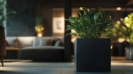 Fototapeta premium Modern matte black square fiberstone planter, placed in a stylish indoor lounge with dim moody lighting, soft spotlights highlighting its texture, blurred high-end furniture in the background