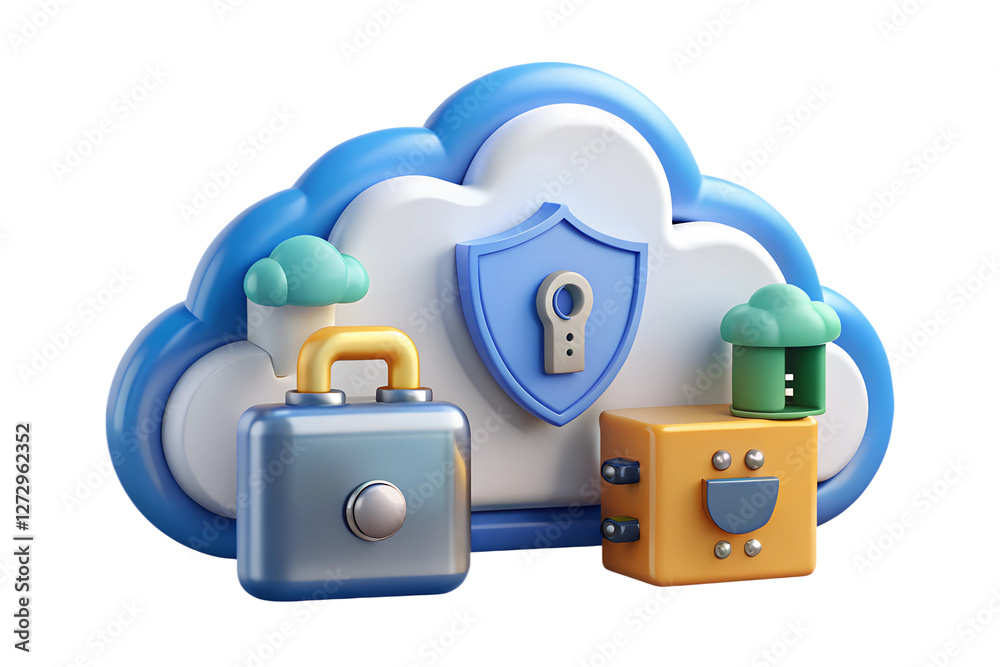 Poster secure cloud computing 3d render of cloud storage with padlock and security shield