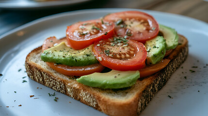 A slice of toasted sour dough bread with avocado and tomato on top ai generative