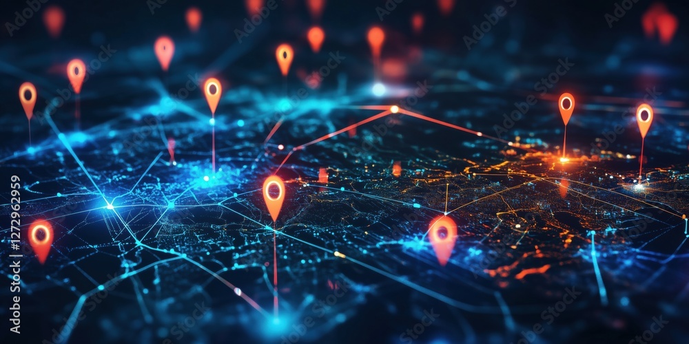 Poster digital map with location pins and network connections representing data visualization