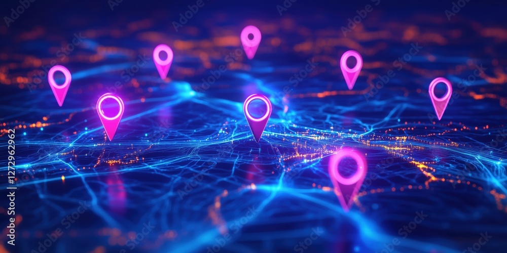 Poster digital map with glowing location pins representing navigation and connectivity