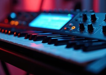 Naklejka premium Musical keyboard setup in a dimly lit studio during a creative session