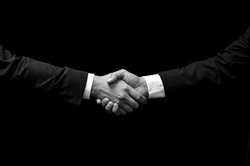 Two hands shaking in black and white photo formal attire