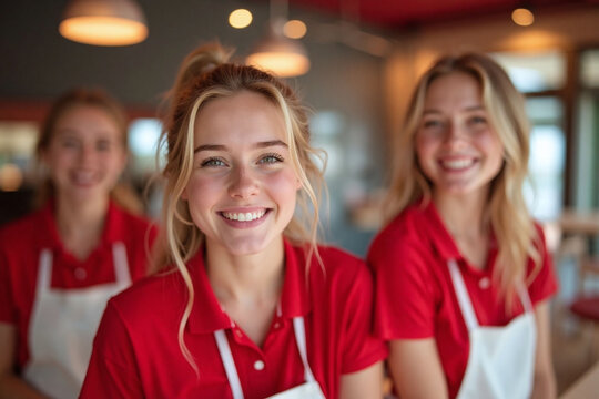 three young women in dining establishment red polo aprons