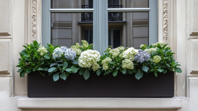 Modern rectangular window box with hydrangeas and baby's breath in a dark brown planter, on the windowsill of an elegant Parisian building with a white plastered facade, intricate carvings