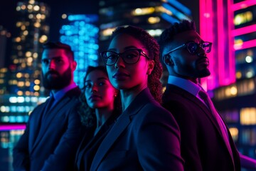 Fototapeta premium A group of millennial business professionals, standing confidently in an urban setting with a neon-lit city skyline behind them.