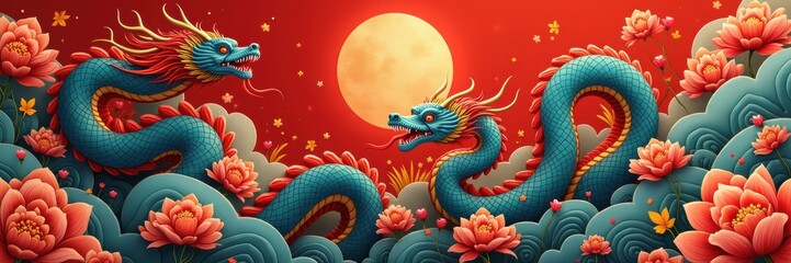 Obraz premium Vibrant illustration of two dragons among blooming lotus flowers under a full moon, symbolizing strength and prosperity, perfect for cultural and festive themes.