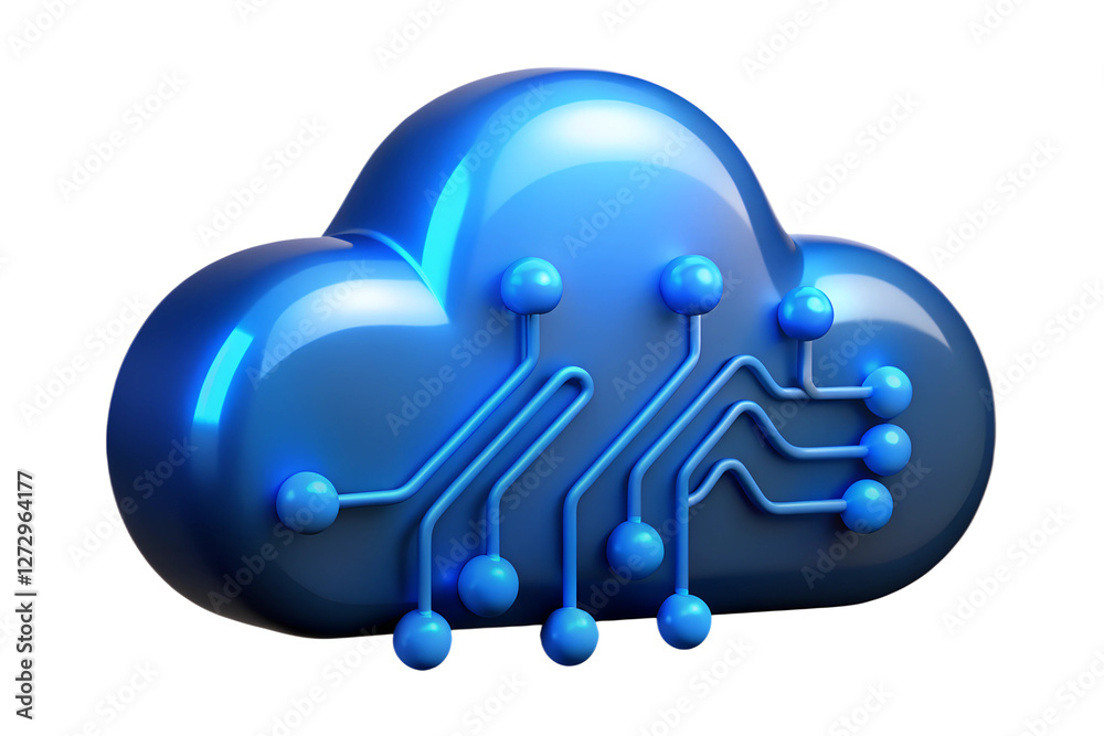 Poster 3d render of a blue glossy cloud with circuit board design representing cloud computing and data