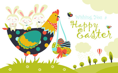 Easter bunnies, chicken and easter eggs. Vector illustration