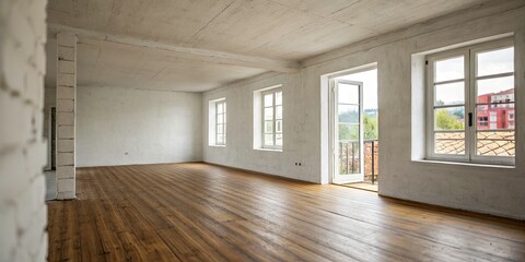 Empty Room with White Concrete Walls and Wooden Floor - Minimalistic Interior Design - Space for Creativity and Imagination - Modern Aesthetic - Tilt-Shift Photography