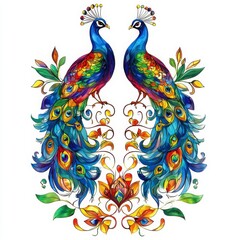Obraz premium two elegant peacocks, facing each other, adorned with vibrant and colorful feathers and botanical details