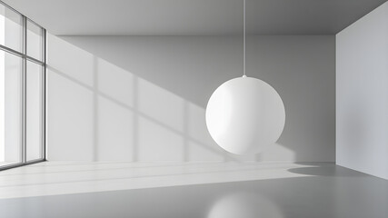 White empty room with a white sphere hanging on the ceiling. 3d rendering