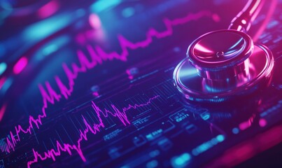 Stethoscope on Digital Heartbeat Monitor with Neon Colors and Graphs