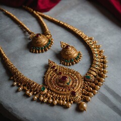 A grand South Indian temple jewelry necklace with a massive goddess pendant and ornate earrings.