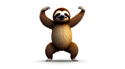 Playful 3D sloth with raised arms and a joyful expression on a white background