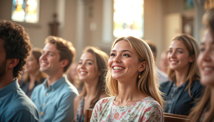 Obraz premium Smiling Young People Listening in a Church Setting