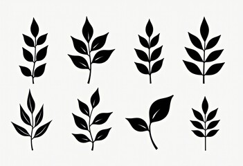 Simple Black and White Leaf and Branch Collection: Minimalist Flat Graphics Set Isolated on White Background, Ideal for Minimal Design

