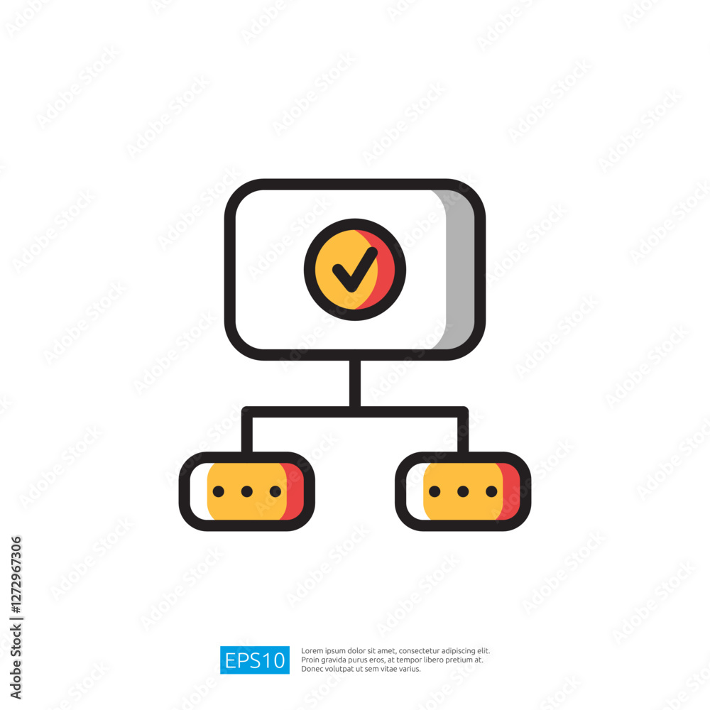 Poster minimalist icon of workflow process with checkmark in center and two connected nodes below. illustra