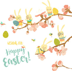 Obraz premium Funny easter bunnies with flowering branches. Vector Easter card