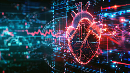 Digital heart illustration with data visualization elements.