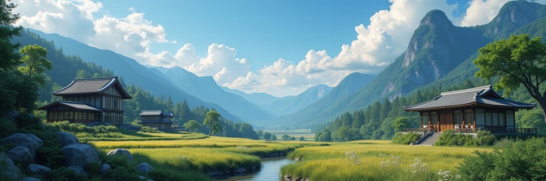 Serene landscape featuring traditional houses nestled in a lush valley surrounded by mountains, ideal for travel, wellness, and nature-themed projects.