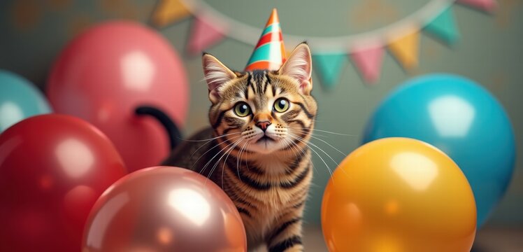 A playful cat in a festive setting, wearing a party hat surrounded by colorful balloons, perfect for birthday celebrations, pet events, and promotional materials.