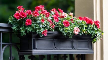 Fototapeta premium schwarzer quadratischer matt schwarzer fiberstone blumentopf auf balkon villa italien