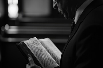 close-up black and white photo of man with Bible praying in church  