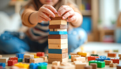 Fototapeta premium Child Building a Tower with Colorful Wooden Blocks