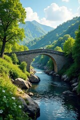 Fototapeta premium Historic stone bridge with a river flowing beneath, Landscape, Countryside, Europe