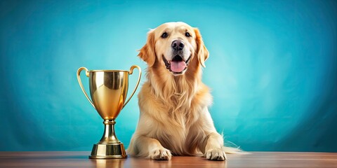 Happy Golden Retriever, award-winning dog show champion, basks in the glow of its golden trophy.  Shallow depth of field.