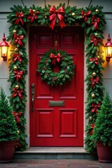 Fototapeta premium Holiday front door adorned with holly and mistletoe in shades of red green and gold, decorations, holidays