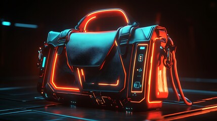 Naklejka premium A high-tech designer bag with built-in charging capabilities glowing LED accents and a modern cyber-futuristic design