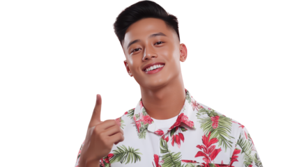 Relaxed summer vibes, man in vibrant hawaiian shirt with tropical flower embracing island style