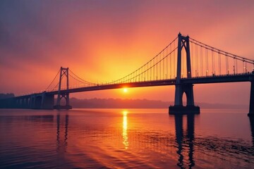 Fototapeta premium Humber Bridge at sunset with foggy atmosphere, suspension bridge, water, estuary