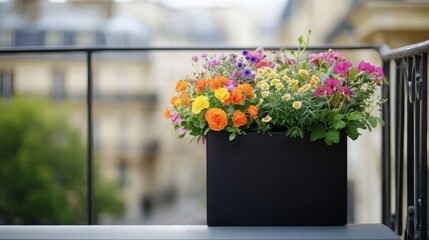 Sleek small black planter, low square design, filled with vibrant wildflowers, positioned in a chic Parisian apartment balcony, morning light streaming in, 
