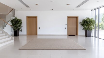 Modern office lobby with closed doors and plants