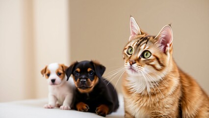 Adorable Cat and Puppies Together Indoors