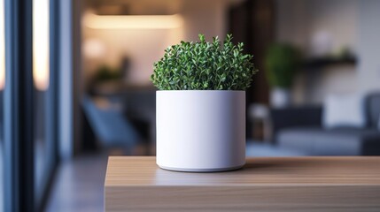 Sleek white cylinder planter, matte fiberstone, sitting on a contemporary wooden shelf, warm indoor 