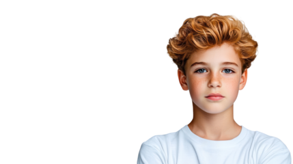 Charming portrait of a young boy with curly hair, study of innocence and childhood in simple white attire