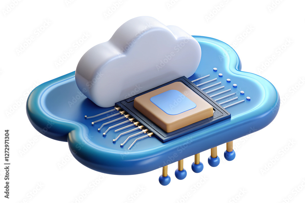 Aufkleber 3d render of cloud computing and microchip conceptual illustration of data storage and processing