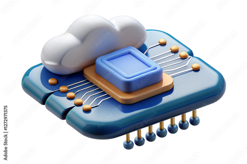 Poster 3d render of cloud computing microchip data storage and processing concept