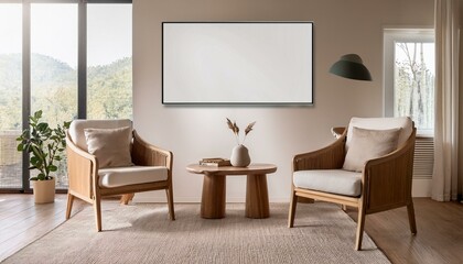 Light guest room interior with seats and table, drawer and window. Mockup frame