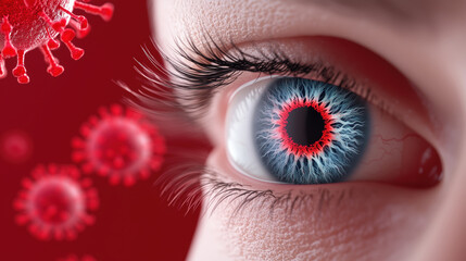 Close up of eye with red irritation and virus particles nearby