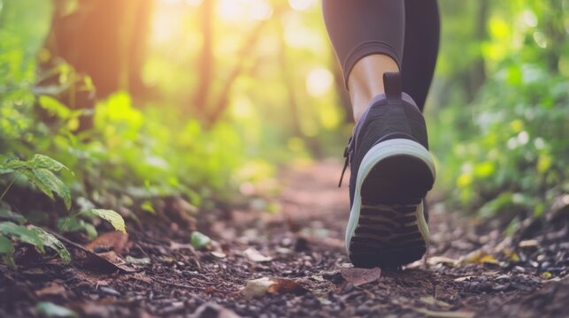 A person enjoying a leisurely walk on a nature trail in the woods. Featuring cardiovascular health and fitness