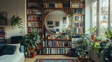 Serene Living Room with Bookshelves and Plants