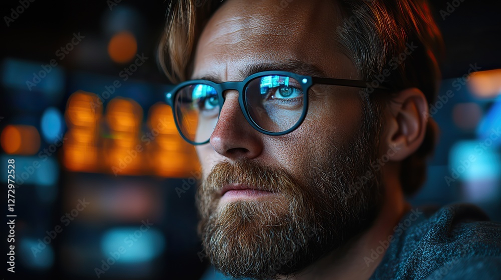 Poster innovative software engineer engaged in advanced programming at a high tech office with multiple dig